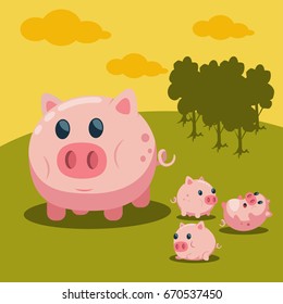 Sweet pig with cute baby piglet on field landscape vector cartoon illustration. Farm animal.