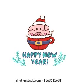 Sweet pig in a mug stylized like a santa suit. Inscription: Happy New Year! with spruce branches. It can be used for sticker, patch, phone case, poster, t-shirt, mug and other design.