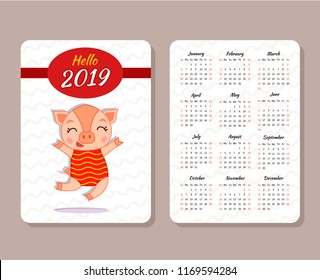 Sweet pig in a striped swimsuit. Template of the pocket calendar 2019. Chinese calendar for the year of pig 2019.
