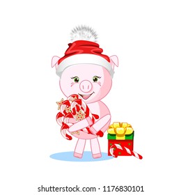 Sweet pig in a winter hat. Vector illustration for new year.