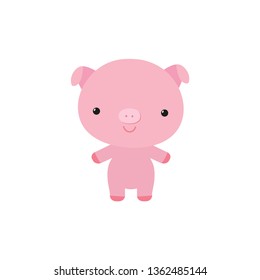 Sweet piglet cute little animal. Kawaii style chibi character. Adorable baby toddler print. Pink color. Standing pose. Funny piggy lovely drawing for children. Nice small pig for animation, cartoon. 