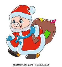 Sweet piglet in Santa's costume. Pig cartoon character for postcard. Congratulations on Christmas. Chinese New Year.