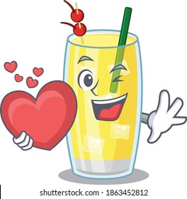 A sweet pina colada cocktail cartoon character style holding a big heart