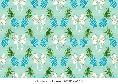  Sweet pineapple, cute bow tie seamless pattern with striped blue color background