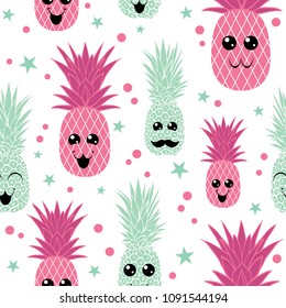 Sweet pineapple family seamless repeat pattern. Great for tropical summer theme wallpaper, backgrounds, packaging, fabric, scrapbooking, and giftwrap projects. Surface pattern design.