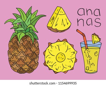 Sweet Pineapple juice. Summer exotic food. Beautiful hand drawn illustration of fruits