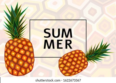 Sweet pineapple summer geometric stylized vector illustration. Tropical fruit healthy lifestyle cute banner template. Ripe fresh pineapple with green crown, summer text. Healty food bright ananas.