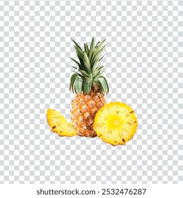 Sweet pineapples whole and sliced on a transparent background