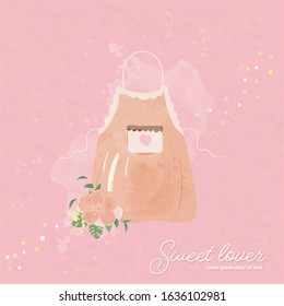 sweet pink apron water color style.cute card for chef bakery product.decoration with adorable vintage floral.pink heart put on bag.