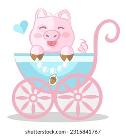 Sweet pink baby pig in blue kid stroller with tiny acorn pendant. Colored vector illustration 