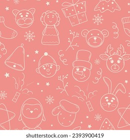Sweet pink baby seamless pattern. Winter holiday background with Christmas elements. Funny New Year characters, snowflakes, crackers and angels. Baby girl print for textile, paper and design, vector