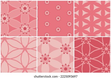 Süßrosa Grundlegende Blumenverpackung und geometrische Grundmuster. Rosa Stoffdruck für Kinder und Software. Valentinverpackungsmuster. Nahtlos in wiederholten quadratischen Vektormustern Fliesen.