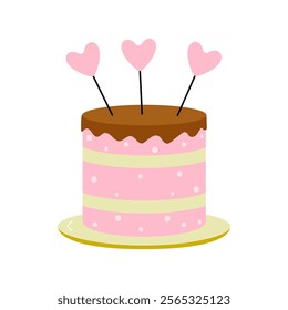 Sweet pink and brown cake with heart decorations for a celebration