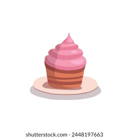 Sweet pink cake, cupcake on a plate on a white background. Happy birthday illustration in cartoon style