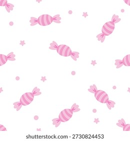 Dulce patrón de caramelo rosa sin fisuras con estrellas y puntos. Linda Ilustración vectorial dibujada a mano. Perfecto para el Fondo de pantalla de la guardería, ropa de bebé, papel de regalo, y fondo de scrapbooking
