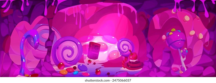 Sweet pink cave in fantasy fairy dream candy land world or game alien planet with lollipop, caramel, chocolate and cake. Dessert underground landscape. Cartoon vector childish yummy sugar interface.