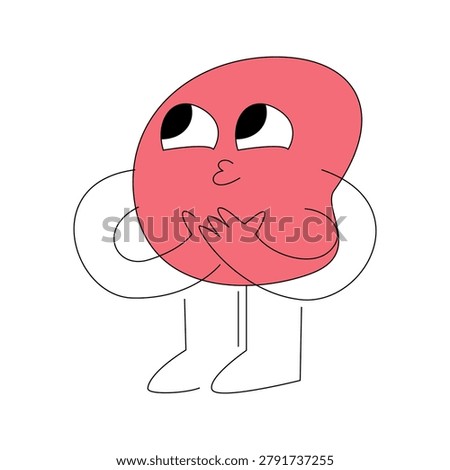 Sweet pink character with eyes looking up and hands pressed over its heart, embodying love and gratitude. Simple vector illustration ideal for themes of affection, thankfulness, and tenderness.