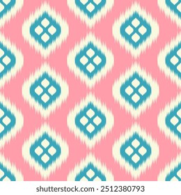 Sweet Pink Color of Ikat pattern, Thai art design, Ikat Ornament style, Ikat Print. Abstract geometric seamless pattern background traditional ethic for clothing, fabric, textile, fashion.