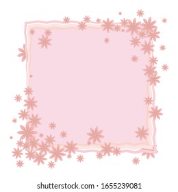 A sweet pink color square frame with a composition of flowers in the corners an object isolated on a white background.