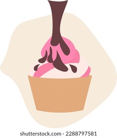Sweet Pink Cupcake with Chocolate. Vector Illustration of Tasty Birthday Dessert and Muffin
