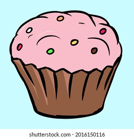 Sweet  pink cupcake with colorful sprinkles. 