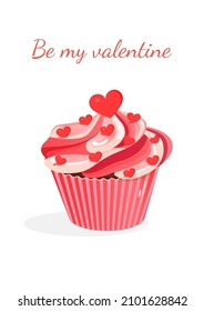 Pastel rosa dulce con corazones. Icono vectorial de cupcake para postal, textil, decoración, afiche, banner. Tarjeta de saludo para el Día de San Valentín y otros feriados. El texto se puede reemplazar.