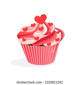 Sweet pink cupcake with hearts.Vector illustration of cupcake icon for postcard, textile, decor, poster, banner. Greeting card for Valentine's Day and other holidays.м