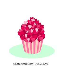 sweet pink cupcake with pink and rose sprinkling in form of heart, love