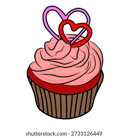 A sweet pink cupcake with two heart-shaped decorations on top.
