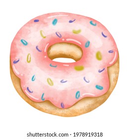 Sweet pink dessert with strawberry filling. Watercolor pink donut ,Isolated on white background.