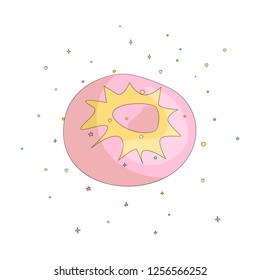 Sweet pink donut cartoon icon with colorful decoration. Vector icon cartooning tasty donut with hole. Sweet pink round donute with decoration on white background.