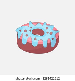 Sweet pink donut cartoon icon with chocolate icon. Vector icon cartooning tasty donut with hole. Sweet pink round donute with pink and blue decoration isolated on gray background.
