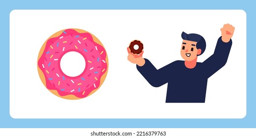 Sweet pink donut with colorful sprinkles. A man holding a chocolate donut. A person advertising delicious food. Vector illustration for banner, advertisement and more. Sweet food concept.