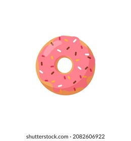 Sweet pink donut in flat vector illustration isolated on white background. Glossy glazed cartoon doughnut with decoration. Round tasty cake with hole, delicious baked food