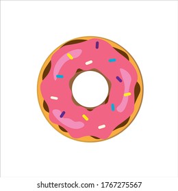 Sweet pink donut isolated on white background. Vector illustration in flat style.