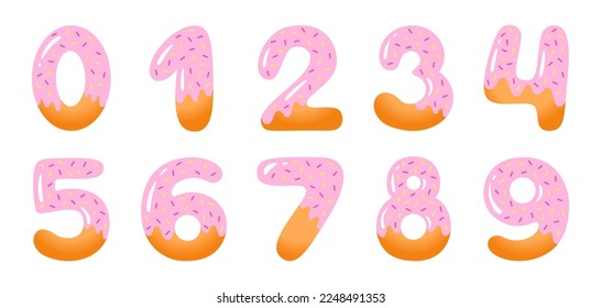 Sweet pink donuts numbers set. School or baby birthday theme. Kids vector illustration. 