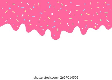 Sweet Pink Dripping Icing with Colorful Sprinkles. Abstract Dessert Background. Vector Illustration