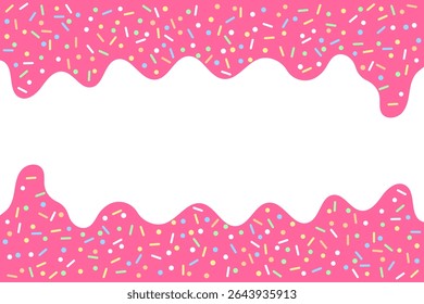 Sweet Pink Dripping Icing with Colorful Sprinkles. Abstract Dessert Background. Vector Illustration