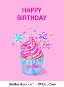 sweet pink fairy cupcake with  lollypops and sprinkles on pink background.