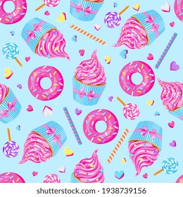 sweet pink fairy cupcakes with pink donuts, waffle, lollypops and sprinkles on blue background. Seamless pattern. Texture for fabric, wrapping, wallpaper. Decorative print.