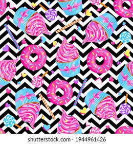 sweet pink fairy cupcakes with pink donuts, waffle, lollypops and sprinkles on striped background. Seamless pattern. Texture for fabric, wrapping, wallpaper. Decorative print.