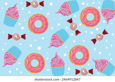 Sweet pink fairy cupcakes with pink donuts, bonbon and sprinkles on blue background. Texture for fabric, wrapping, wallpaper. Decorative print.