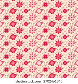Sweet Pink Floral Seamless Pattern This is a beautiful and delicate seamless floral pattern featuring cute, stylized flowers in shades of pink, crimson, and pale rose on a soft, creamy beige backgroun