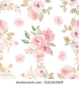 Sweet pink flower watercolor seamless pattern on white background. Soft pastel colors water color seamless pattern for beauty products or other.