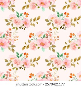 Sweet pink flower watercolor seamless pattern on white background. 