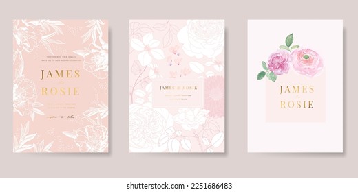 sweet pink Flower Wedding Invitation set, floral invite thank you, rsvp modern card Design in pink leaf greenery  branches with blue background decorative Vector elegant rustic template