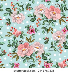 Sweet pink flowers and cute little wildflowers. in the spring On a light blue background, seamless for digital printing, textiles, wallpaper.