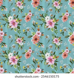 Flores rosa doce, desenhadas à mão, sem costura, em um fundo listrado azul escuro-claro, projetado para tecido, moda, têxteis, papel de parede, envoltório de presente.