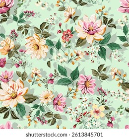 Sweet pink flowers mixed with cute light yellow flowers. Vintage style. Seamless hand drawn pattern on romantic light green background. Designed for fabric, fashion, textile, wallpaper, gift wrapping 