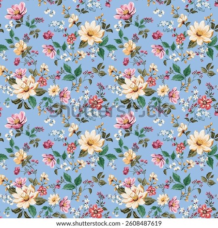 Sweet pink flowers mixed with cute light yellow flowers, vintage style, seamless hand drawn on a romantic light blue background. Designed for fabric, fashion, textiles, wallpaper, gift wrapping paper.